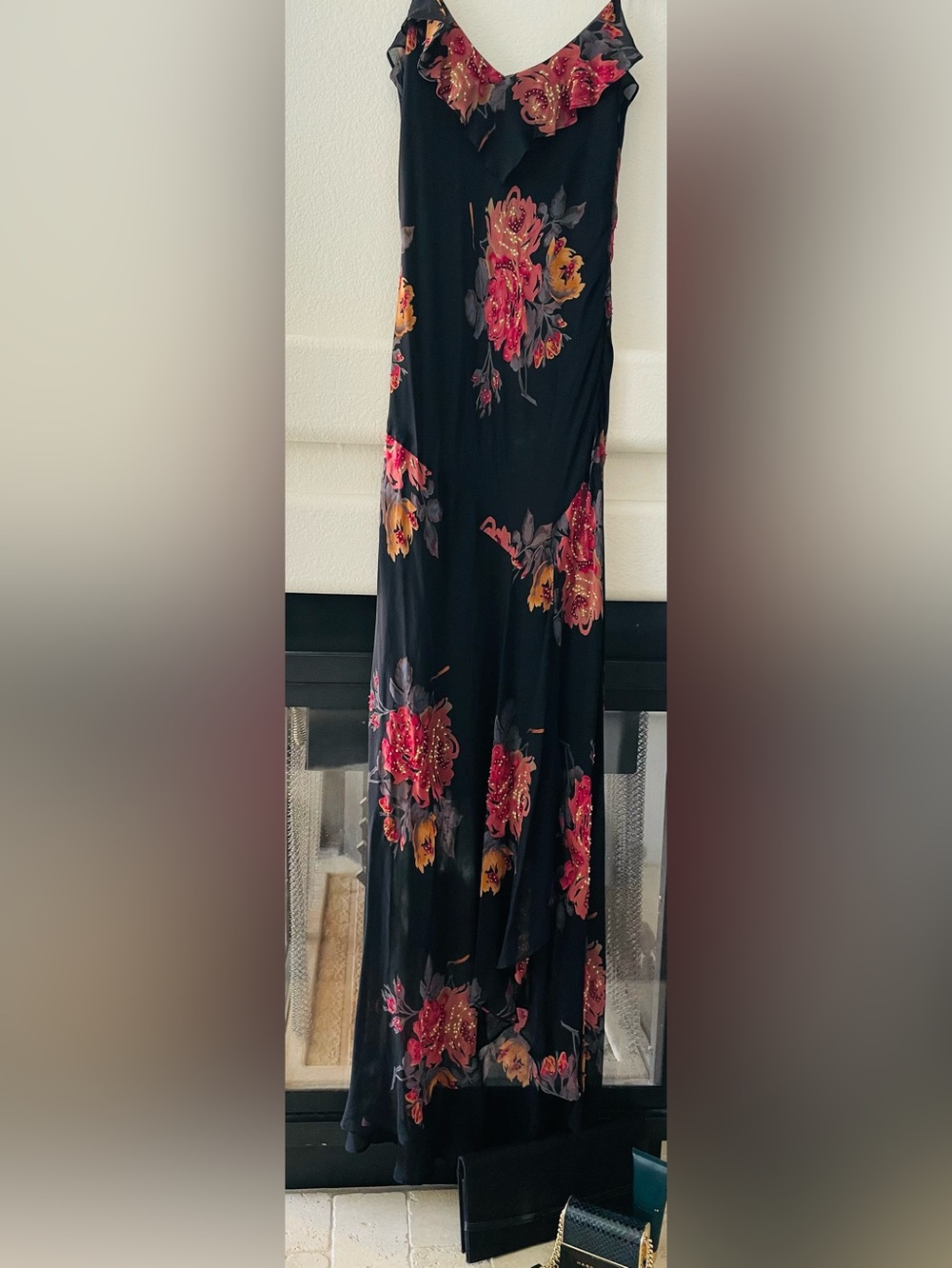 NWOT Cache Black Maxi Dress with  Floral Print & Beads
